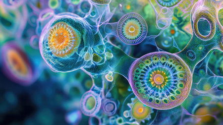 Explore the captivating beauty of microorganisms with this vivid abstract image. The intricate details and vibrant colors reveal the complexity of life on a microscopic level.の素材