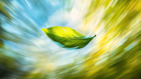 A captivating green leaf glides through a soft blue sky, surrounded by a blurred natural background, creating an enchanting scene of nature's beauty and tranquility.の素材