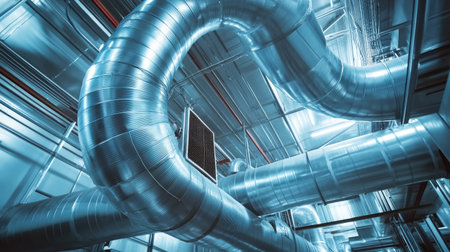 This image showcases a sophisticated air duct system with sleek metal piping and vents, emphasizing functionality and efficiency in industrial and commercial environments.の素材