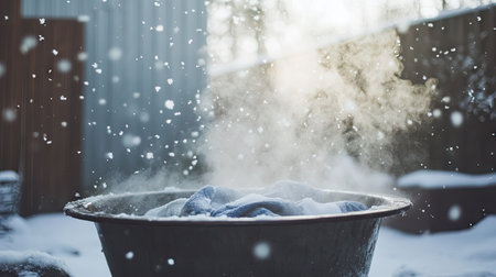 A beautiful winter scene featuring steam rising from a wash basin filled with clothes, surrounded by gently falling snowflakes, evoking a sense of warmth and comfort.の素材