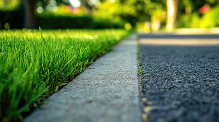 A close-up view of fresh green grass beside a smooth paved road, captured in soft bokeh light, showcasing tranquility and natural beauty in an outdoor setting.の素材