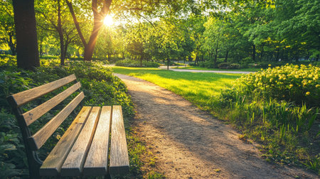 A peaceful park scene featuring a wooden bench along a winding path, surrounded by vibrant greenery and illuminated by soft sunlight, perfect for relaxation and tranquility.の素材