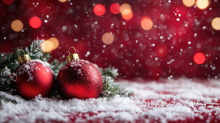 Capture the magic of the season with vibrant red ornaments nestled in snow, creating a warm and festive atmosphere perfect for holiday decorations and celebrations.の素材
