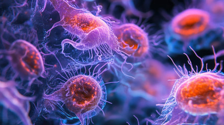 Stunning microscopic image of colorful cellular structures demonstrates the intricate details and vibrant colors found in the world of microbiology and life forms.の素材