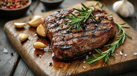 A succulent grilled steak adorned with fresh rosemary and garlic cloves, beautifully presented on a rustic wooden cutting board, perfect for culinary inspiration.の素材