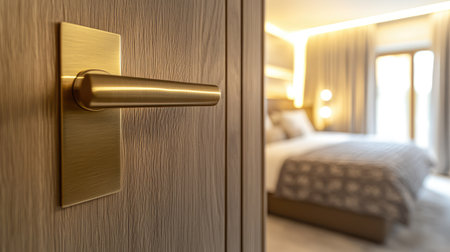 This close-up image showcases an elegant door handle in a modern bedroom environment, emphasizing stylish decor, soft lighting, and a warm, inviting feel.の素材