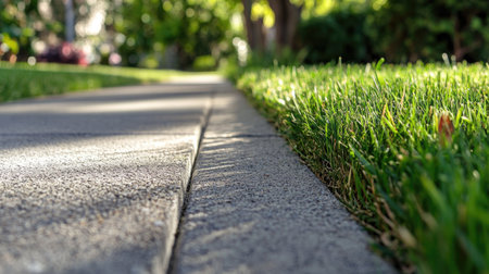 A beautiful pathway alongside vibrant green grass, captured in bright natural light. This serene outdoor scene illustrates a peaceful, relaxing atmosphere in nature.の素材