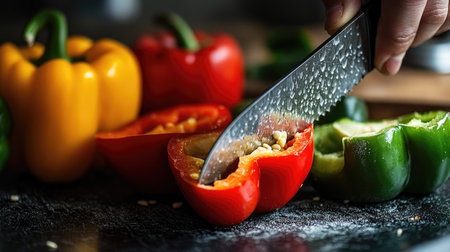 Capture the essence of culinary creativity with vibrant bell peppers being sliced. The image highlights freshness, detail, and color contrast in a kitchen setting.の素材