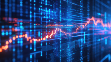 Explore a vibrant digital data visualization featuring colorful graph lines and bright dots, representing financial market trends and dynamic analytics.の素材
