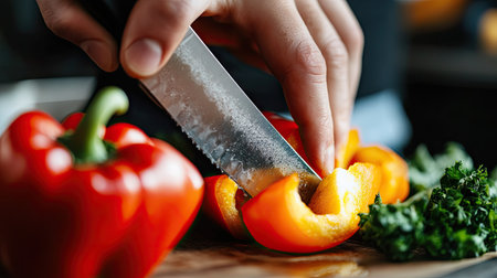 A chef skillfully slices a vibrant red bell pepper on a wooden cutting board, accentuated by fresh parsley, highlighting the art of food preparation in a kitchen.の素材
