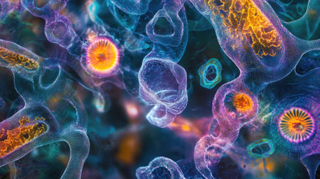 This stunning digital artwork showcases colorful microorganisms and cells, illustrating life under the microscope with vibrant hues and intricate details, ideal for science projects.の素材