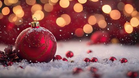 A vibrant red Christmas ornament rests on a snowy surface, surrounded by shimmering lights and a cozy festive atmosphere, perfect for holiday cheer and winter celebrations.の素材