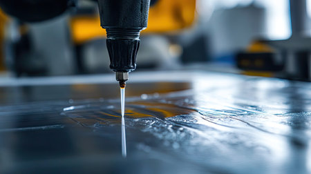 A water jet cutting machine employs high-pressure water to create precise cuts in a metal sheet, showcasing the techniqueの素材