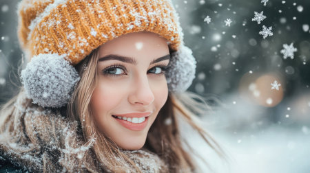 A joyful young woman smiles warmly while wearing a knitted yellow hat and soft earmuffs, surrounded by falling snowflakes in a picturesque winter setting.の素材