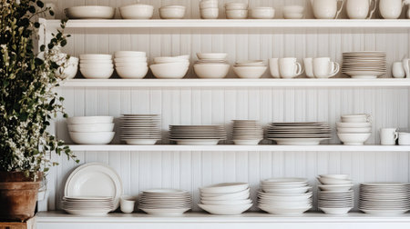 A beautiful arrangement of white dishware, bowls, and plates neatly displayed on wooden shelves, complemented by fresh greenery, perfect for a cozy kitchen atmosphere.の素材