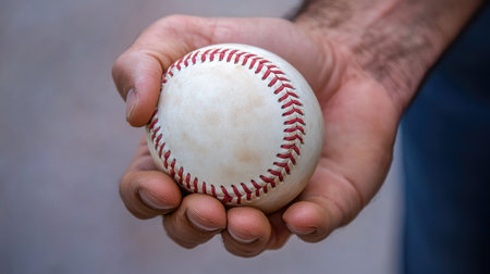 A close-up view of a hand firmly gripping a vintage baseball showcasing its textured surface and red stitching, perfect for sports and outdoor activity themes.の素材