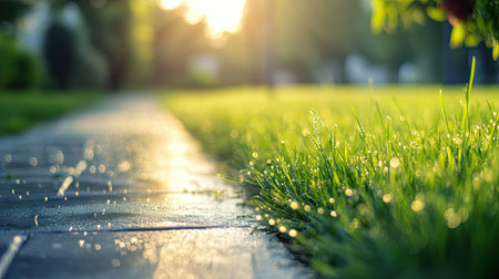 This image captures a serene morning scene featuring dewy grass and a sunlit pathway, evoking feelings of tranquility and natureの素材