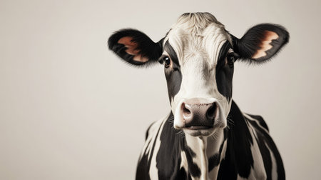 This close-up portrait showcases a curious black and white dairy cow, set against a neutral backdrop. The detail highlights the beauty of farm life and animal welfare.の素材