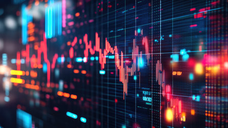 This digital image illustrates vibrant financial data with dynamic lines and colorful elements, showcasing stock market trends and trading activity in a contemporary style.の素材