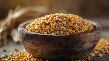 A rustic wooden bowl filled with vibrant yellow corn kernels creates a warm and inviting scene, perfect for showcasing culinary, agricultural, or healthy lifestyle themes.の素材