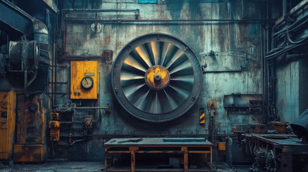 An atmospheric industrial scene featuring a large ventilation fan mounted on a weathered wall, with assorted machinery, conveying a sense of age and functionality in a warehouse.の素材