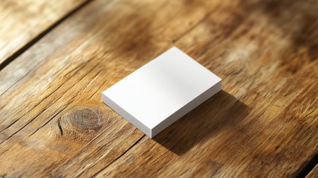 A minimalist blank business card displayed on a rustic wooden table, illuminated by soft lighting. This stylish composition highlights simplicity, ideal for creative branding concepts.の素材