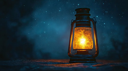 A vintage lantern casts a warm glow in the darkness, surrounded by a star-filled sky. This serene image evokes a sense of nostalgia, perfect for outdoor themes and adventures.の素材