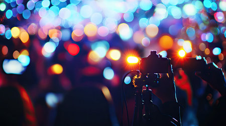A striking image showcasing a camera capturing vibrant bokeh lights at a lively event. This scene embodies the joy of photography and the energy of celebration.の素材