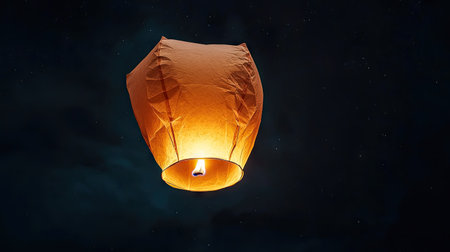 A captivating orange sky lantern ascends into the night sky, illuminated by a gentle flame and surrounded by shimmering stars, evoking emotions of joy and hope.の素材