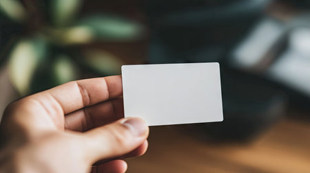 A close-up image of a hand holding a blank white card in an inviting indoor space, creating a minimalistic background that emphasizes creativity and identity concepts.の素材