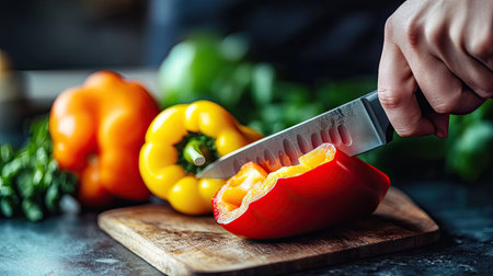 A vibrant scene featuring a hand slicing bright bell peppers on a wooden cutting board. This kitchen atmosphere showcases colorful vegetables perfect for healthy culinary creations.の素材