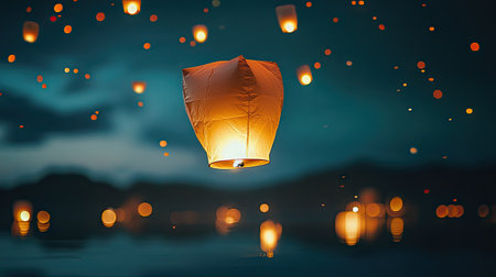 A mesmerizing scene of lanterns floating gently into the night sky, reflecting soft hues in calm waters, creating an enchanting atmosphere of serenity and beauty.の素材