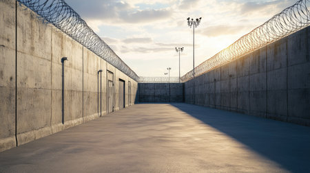 A modern industrial area bordered by a tall prefab concrete wall with barbed wire on top.の素材