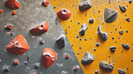 A modern gym climbing wall featuring detailed handholds and a variety of routes.の素材