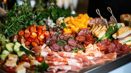 A sandwich platter featuring assorted sandwiches filled with bacon, salami, prosciutto, and fresh vegetables, garnished with fresh herbs.の素材