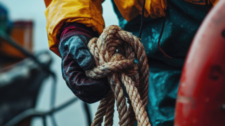 A professional tying a knot with a polyethylene rope pulled from a nearby roll, showcasing its strength and flexibility.の素材