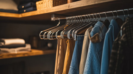 A modern open wardrobe with metal hangers hanging on a minimalist rail, surrounded by clean shelves.の素材
