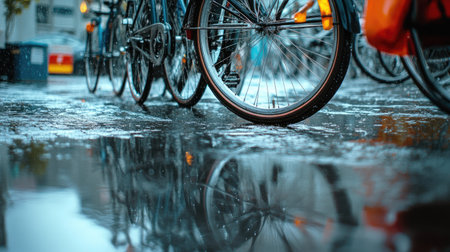 A rain-soaked bicycle parking area with water droplets on the bicycles and reflections on the ground.の素材