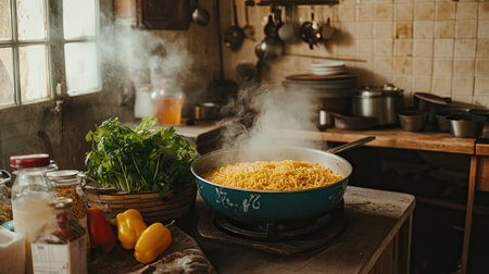 A rustic kitchen setup with yellow instant noodles, a pot of boiling water, and fresh ingredients ready for cooking.の素材
