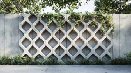 A prefabricated concrete wall fence with a geometric design, blending seamlessly with urban architecture.の素材