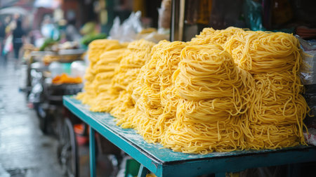 A noodle cart in an outdoor market, displaying bundles of yellow dry noodles ready for sale.の素材