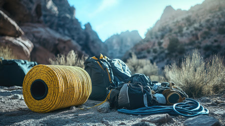 A roll of polyethylene rope next to outdoor climbing gear, set on a rock face or mountain trail.の素材