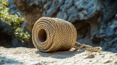 A roll of polyethylene rope next to outdoor climbing gear, set on a rock face or mountain trail.の素材