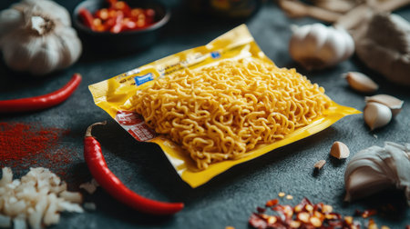 A package of yellow instant noodles spilling onto a countertop, surrounded by vibrant ingredients like chilies and garlic.の素材
