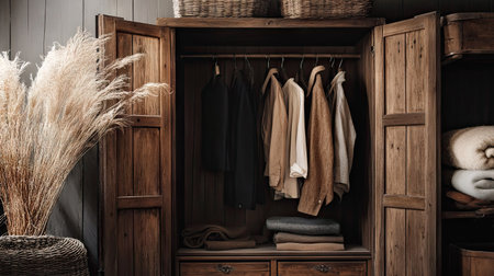 A rustic wardrobe with wooden hangers inside, highlighted by natural textures and earthy tones.の素材