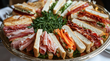 A sandwich platter featuring assorted sandwiches filled with bacon, salami, prosciutto, and fresh vegetables, garnished with fresh herbs.の素材