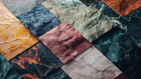 A luxurious assortment of colorful velour samples with subtle texture variations, spread across a smooth surface.の素材