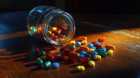 A close-up of a glass pill jar lying on its side, colorful capsules scattered around it on a wooden table.の素材