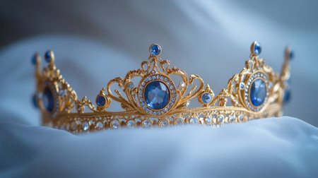 A golden crown with radiant blue stones, resting against a backdrop of soft, diffused light and delicate textures.の素材