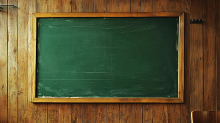 This image features an empty green chalkboard framed by wood against a rustic wooden wall, ideal for educational content, lesson planning, and creative presentations.の素材